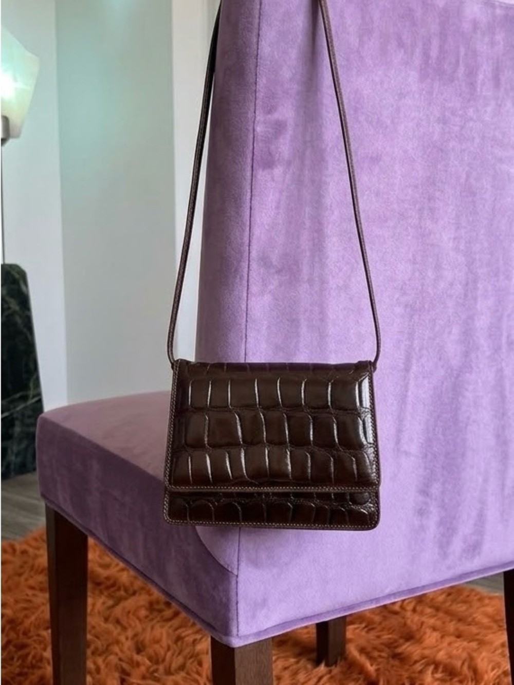 Francesco Biasia Croc-Embossed Dark Brown Leather Crossbody Bag Italian